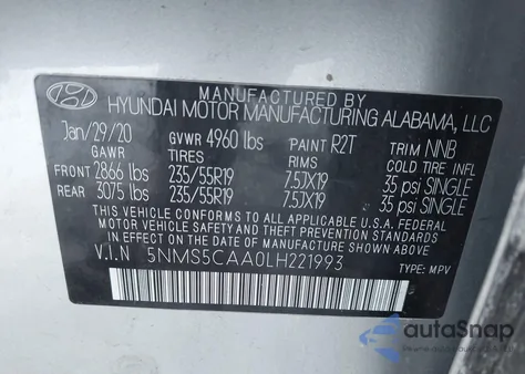 2020 Hyundai Santa Fe Limited 2.0T z USA, uszkodzony, nr VIN 5NMS5CAA0LH221993